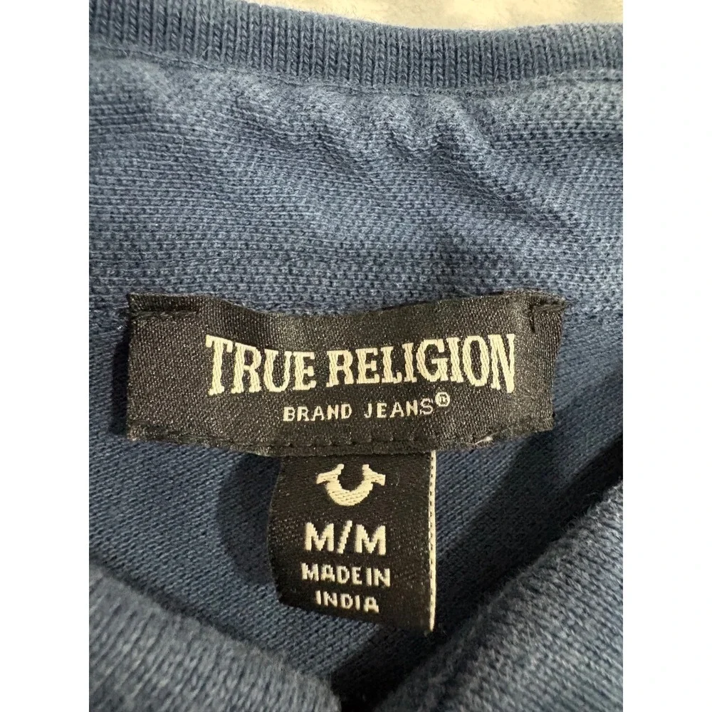 True Religion Mens Navy Blue Buddha Logo Pique Polo Shirt Size Medium